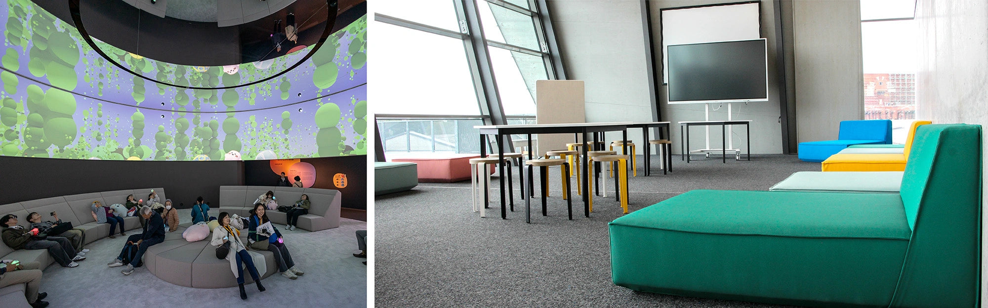 Modulare Sitzmöbel in Ausstellung und Seminarraum: Flexible Sofalösungen in Grau, Türkis, Gelb und Blau für Bildung, Kultur und Präsentation.