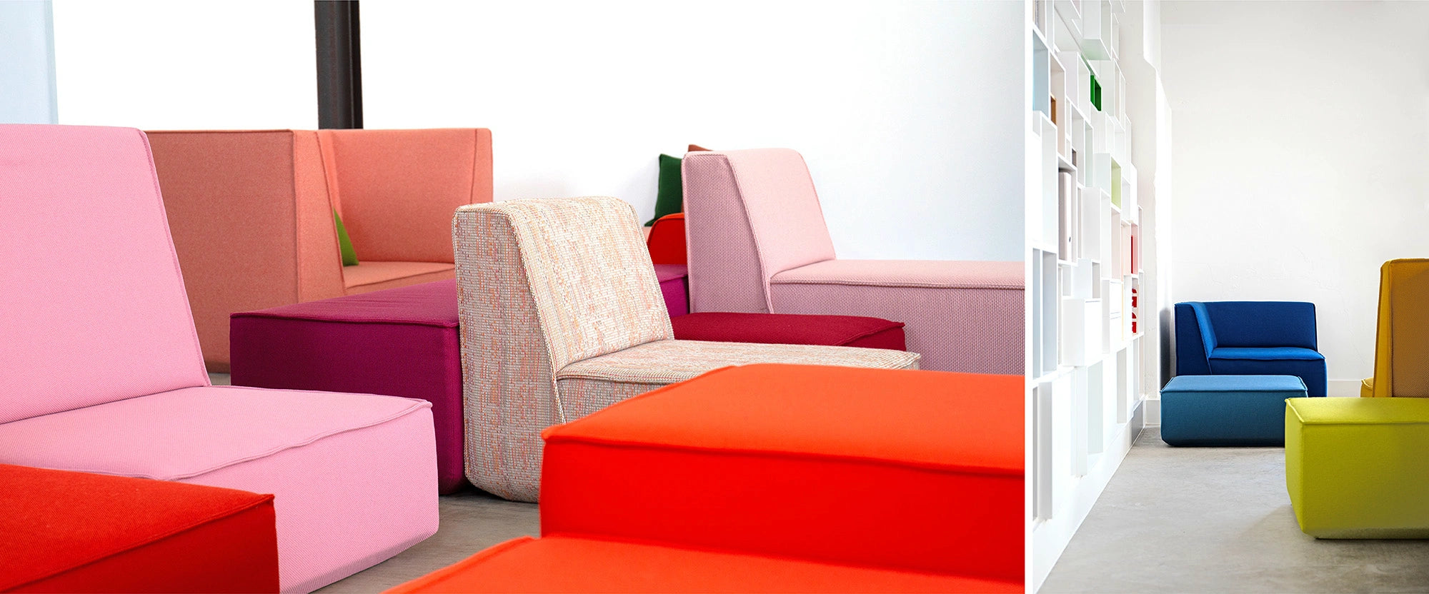 Modulare Polstermöbel in kräftigen Farben wie Pink, Orange, Blau und Gelb für kreative Objekteinrichtungen in Büro, Lounge oder Galerie.