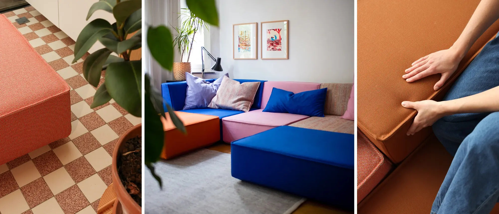 canapé modulable en bleu, rose et orange dans un salon, ainsi qu'un gros plan sur la qualité supérieure du tissu d'ameublement – mobilier d'assise personnalisable.