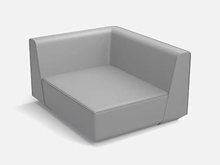 Ein graues  Eckmodul eines Sofasystems mit zwei Rückenlehnen auf einem neutralen weißen Hintergrund.