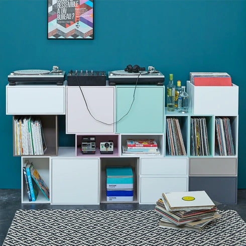 records Shelving in white and pastel colours, combined with record players and vinyl collection.