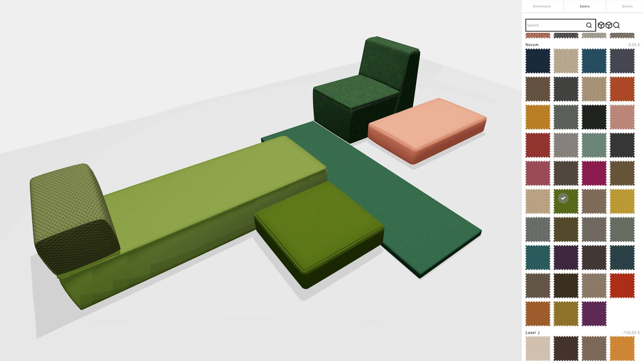 Benutzeroberfläche eines Online-Konfigurators mit modularen Sofaelementen in verschiedenen Grüntönen und einem rosa Modul auf weißem Hintergrund, rechts Stoffauswahl mit Farbfeldern