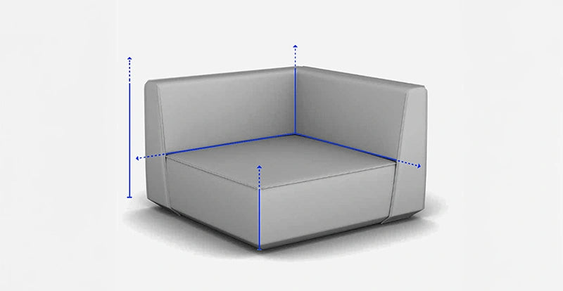 Hellgraues modulares Eck-Sofa-Element von Cubit mit blau eingezeichneten Bemaßungslinien für die Konfiguration.