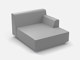 Ein graues 3D-Sofa-Modul mit durchgehender Rückenlehne und einer zusätzlichen Armlehne auf der rechten Seite.
