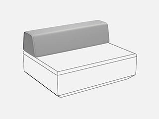 Technische Zeichnung eines quadratischen Sofa-Sitzmoduls mit einer grau hervorgehobenen, hohen, konvexen Rückenlehne.