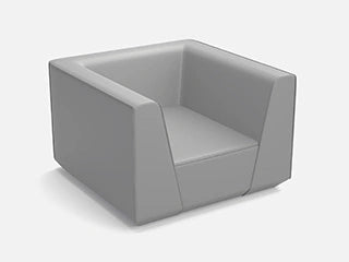 Ein graues 3D-Sofa-Modul in Sesselform mit integrierter Rückenlehne und zwei seitlichen Armlehnen für die individuelle Konfiguration.