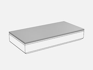 Technische Zeichnung eines rechteckigen Sofa-Basismoduls mit einer grau hervorgehobenen, flachen Topper-Auflage auf weißem Hintergrund.
